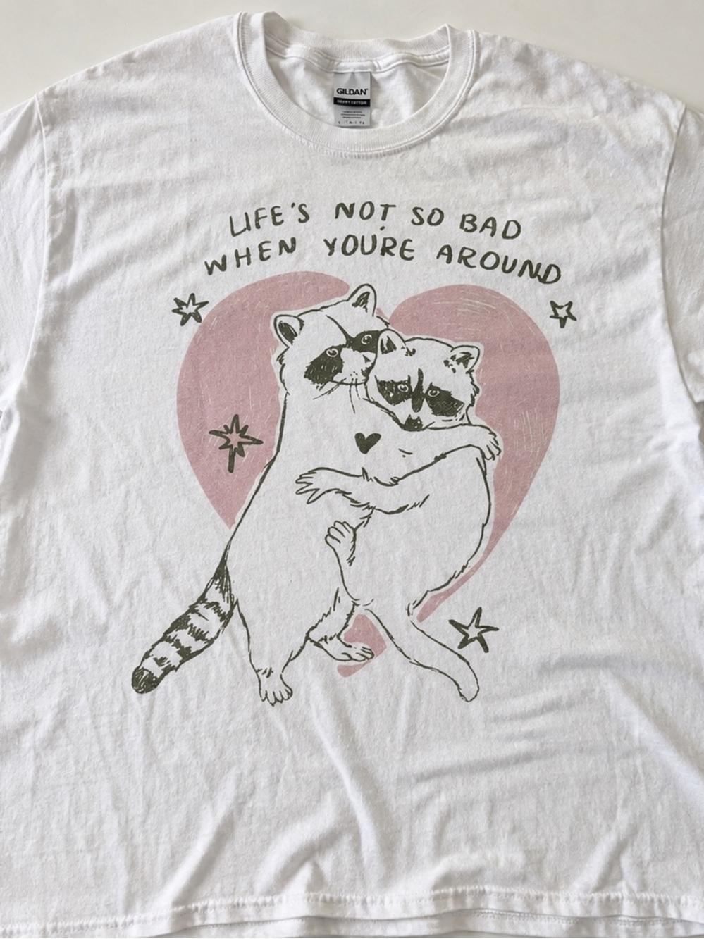 Gildan 5000 White Tee with Pink Heart and Brown Raccoon Print, Vintage Size L